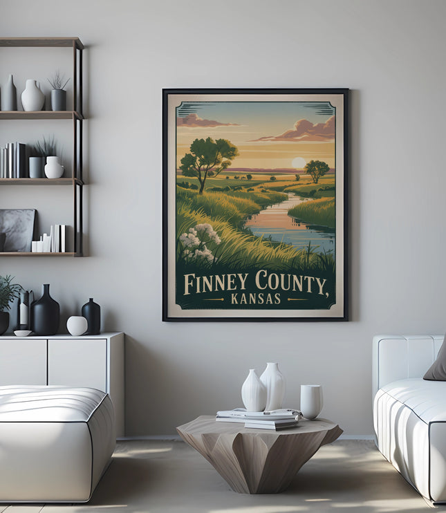 Finney County, Kansas landscape poster with river and sunset on wall.