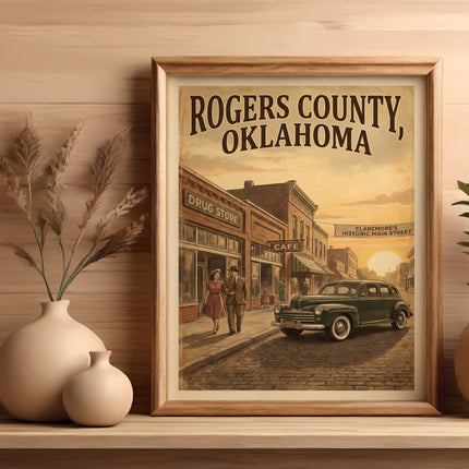 Vintage poster of Rogers County, Oklahoma, with a street scene and classic car.
