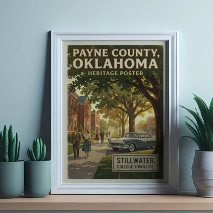 Heritage poster of Payne County, Oklahoma showing Stillwater's college-town life with vintage car.
