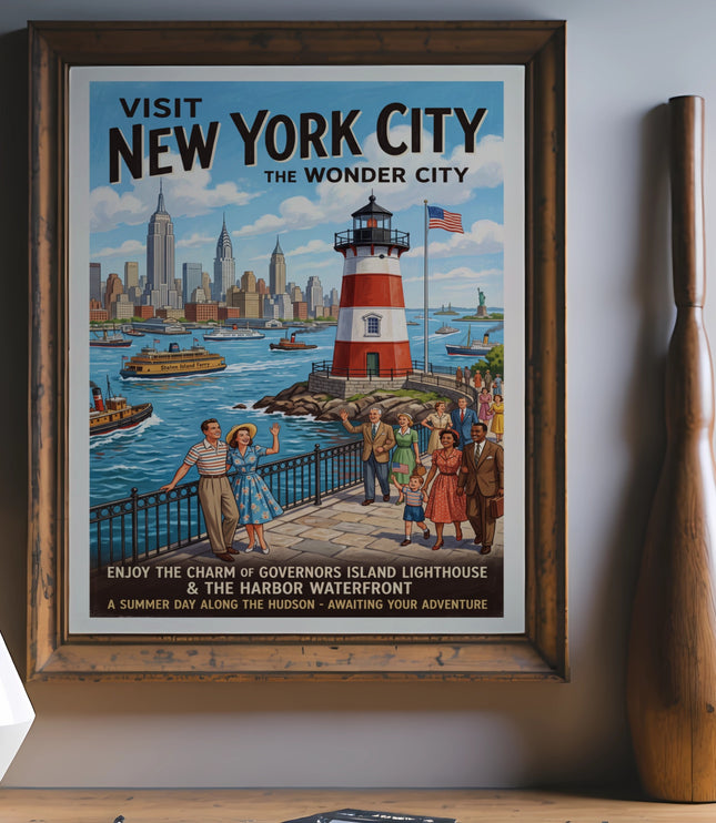 Vintage New York City poster featuring Governors Island Lighthouse and skyline.