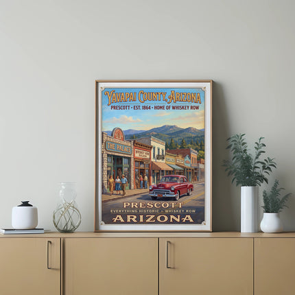 Vintage poster of Prescott, Arizona, featuring Whiskey Row and a classic red car.