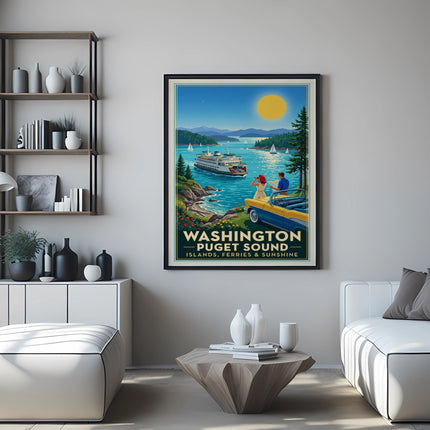 Washington - Puget Sound Islands, Ferries & Sunshine travel poster.