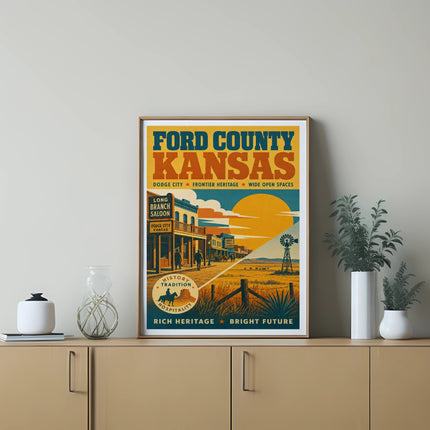 Ford County, Kansas poster with saloon, windmill, and historical text.