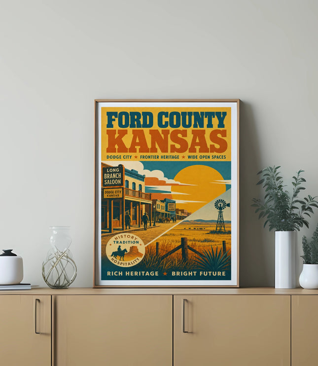 Ford County, Kansas poster with saloon, windmill, and historical text.
