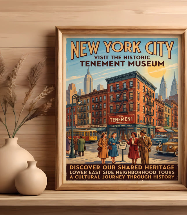 New York City Tenement Museum vintage travel poster with city street scene.