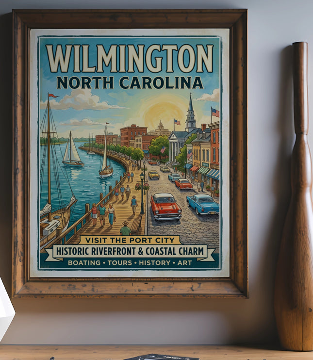 Wilmington North Carolina vintage travel poster depicting riverfront and boats.
