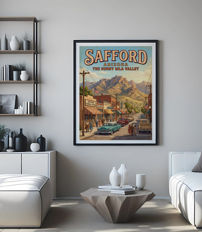 Vintage Safford Arizona poster depicting a street scene with mountains, shops, and cars.