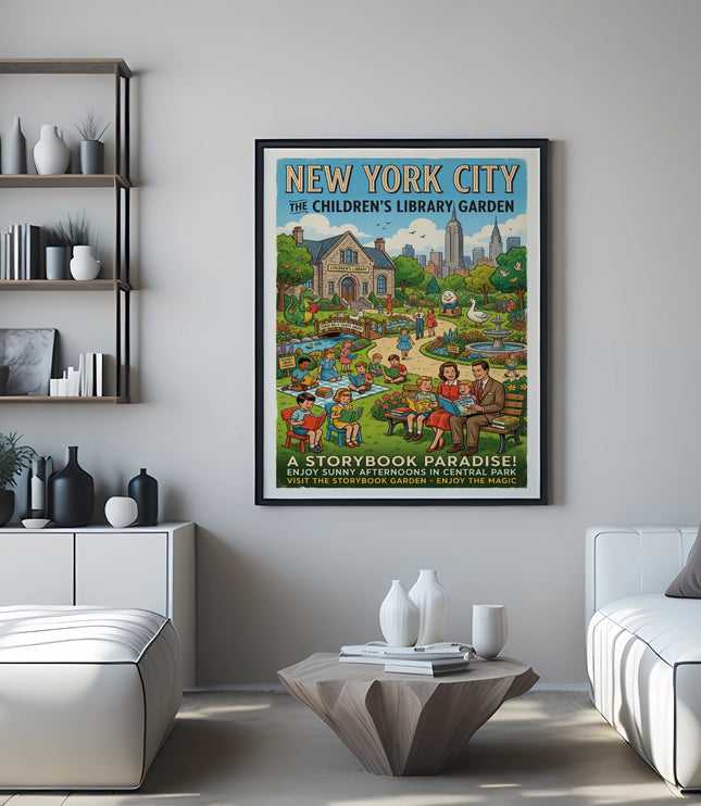 "New York City Children's Library Garden" vintage poster with idyllic scene and text.