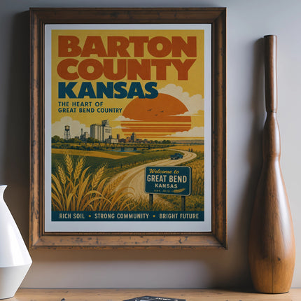 Barton County Kansas poster with "Welcome to Great Bend" text and rural landscape.