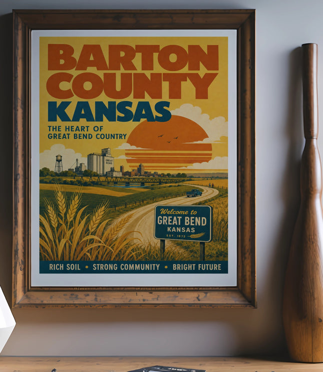 Barton County Kansas poster with "Welcome to Great Bend" text and rural landscape.