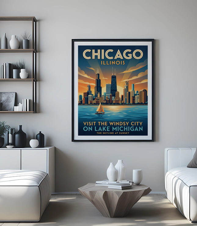 Chicago skyline art print with text "Visit the Windy City on Lake Michigan".
