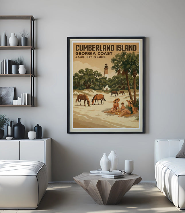 Poster of Cumberland Island, Georgia Coast with horses on the beach.