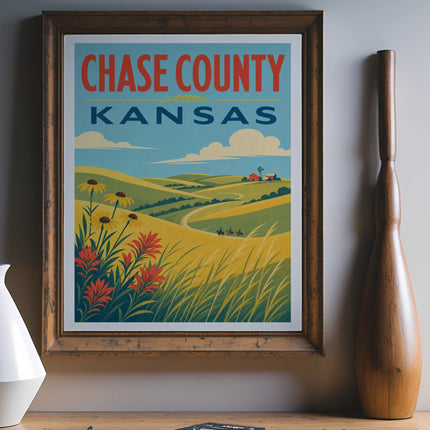Vintage travel poster of Chase County, Kansas with rolling hills and farmland.
