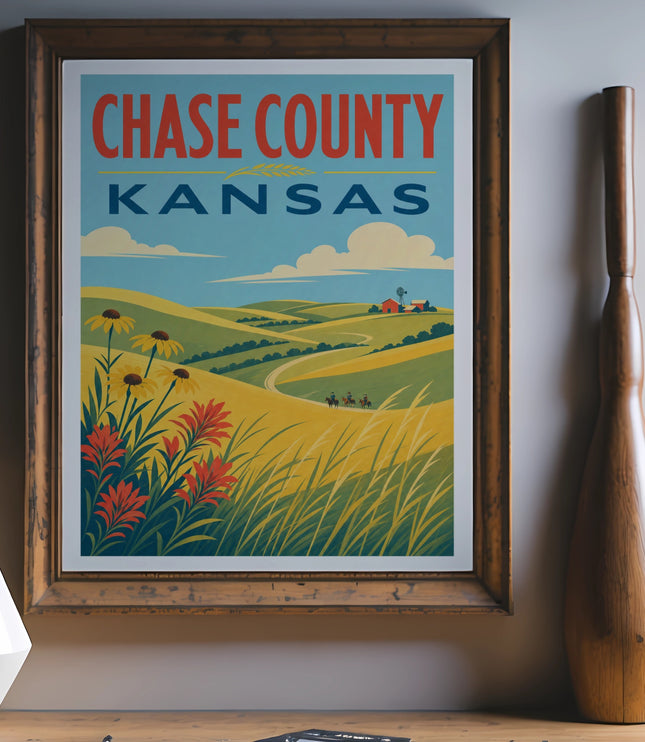 Vintage travel poster of Chase County, Kansas with rolling hills and farmland.
