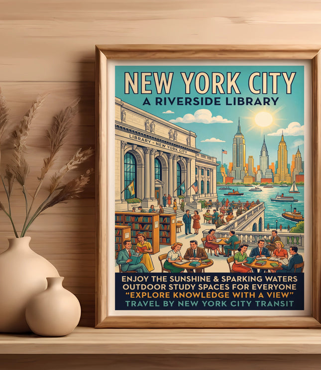 New York City poster of a riverside library with skyline and people studying outdoors.