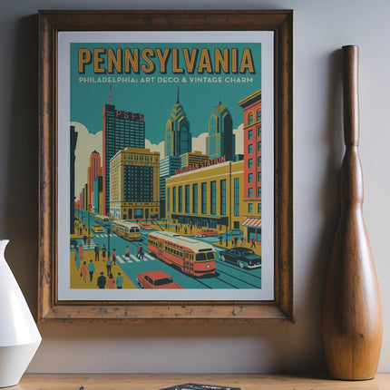 Vintage Philadelphia skyline poster with text "Philadelphia: Art Deco & Vintage Charm."