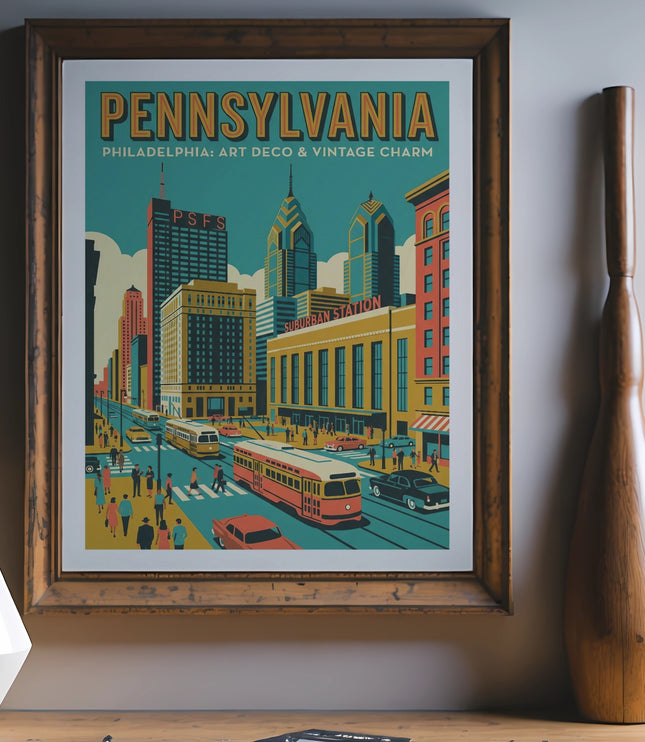 Vintage Philadelphia skyline poster with text "Philadelphia: Art Deco & Vintage Charm."