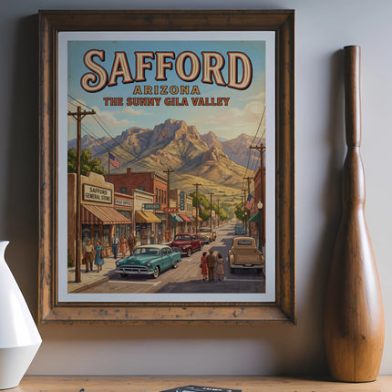 Safford Arizona poster of a sunny street scene with vintage cars and mountains.
