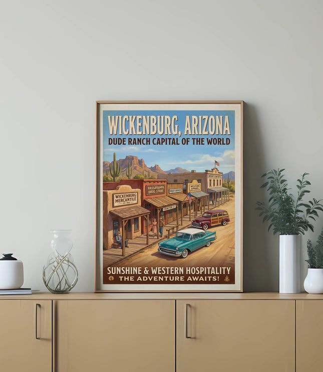 Retro Wickenburg, Arizona travel poster with vintage cars and buildings.