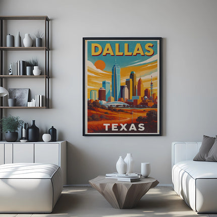 Dallas, Texas skyline poster above a couch and coffee table.
