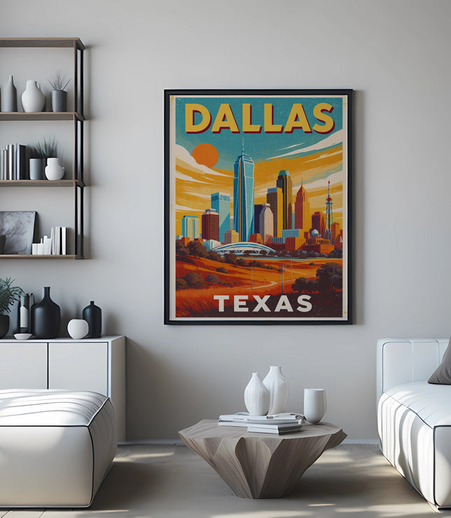 Dallas, Texas skyline poster above a couch and coffee table.