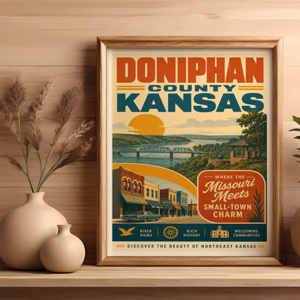 Doniphan County Kansas vintage poster featuring small-town charm and river views.