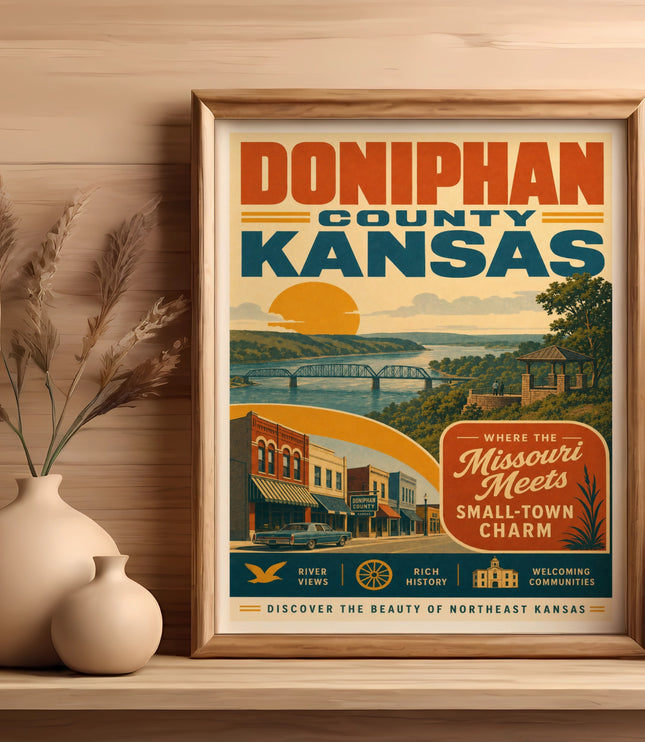 Doniphan County Kansas vintage poster featuring small-town charm and river views.