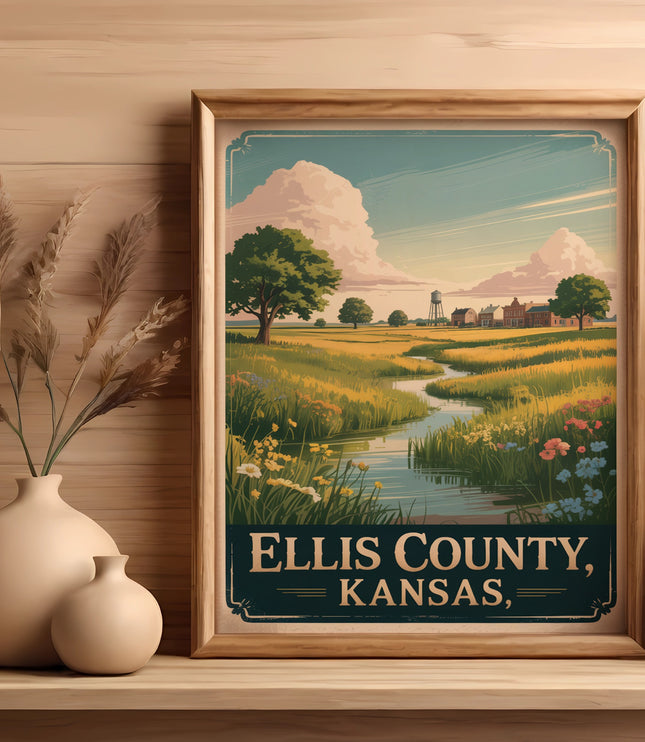 Framed vintage poster of Ellis County, Kansas landscape with river and farmhouses.