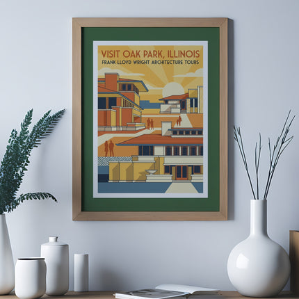 Frank Lloyd Wright Architecture Tours poster in wooden frame with vases and greenery.