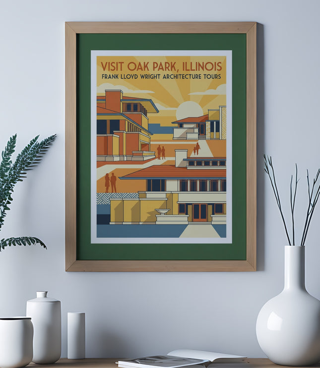 Frank Lloyd Wright Architecture Tours poster in wooden frame with vases and greenery.