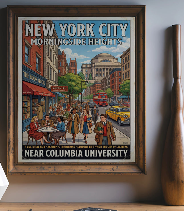 New York City Morningside Heights poster near Columbia University with shops and people.