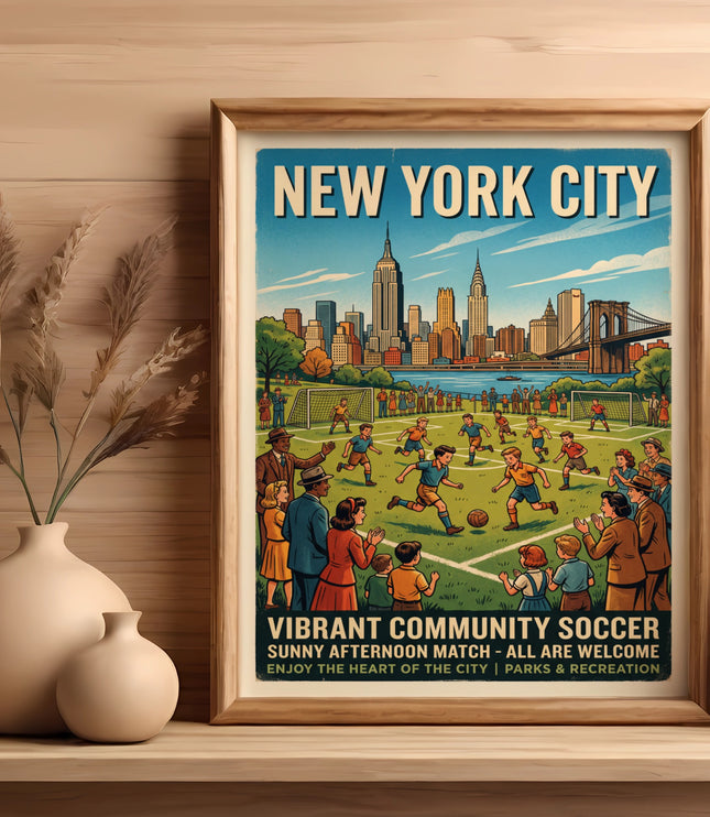 New York City skyline poster depicting a soccer match with text New York City.