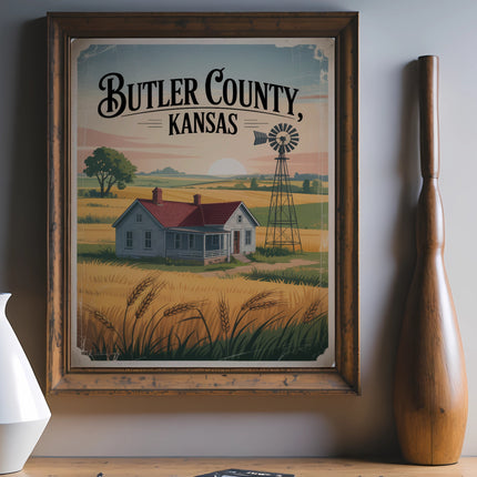 Vintage "Butler County, Kansas" postcard with farmhouse and windmill.