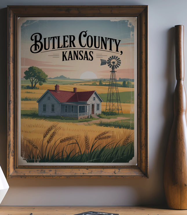 Vintage "Butler County, Kansas" postcard with farmhouse and windmill.