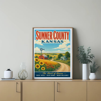 Sumner County Kansas poster with farms, sunflowers, and barn.