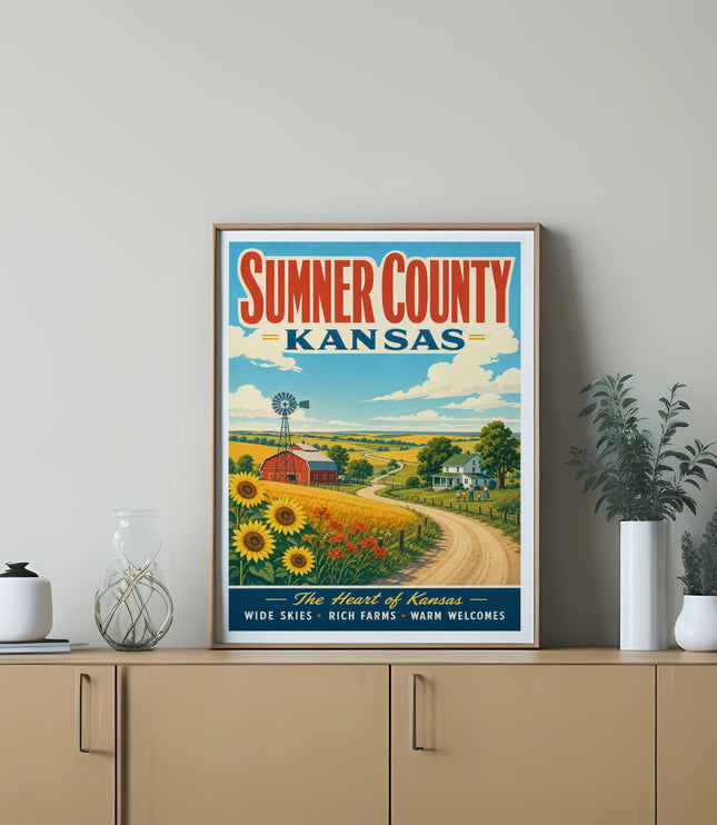 Sumner County Kansas poster with farms, sunflowers, and barn.