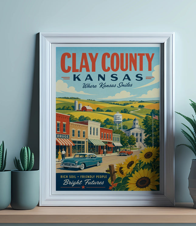 Clay County Kansas poster with vintage cars, buildings, and sunflowers.