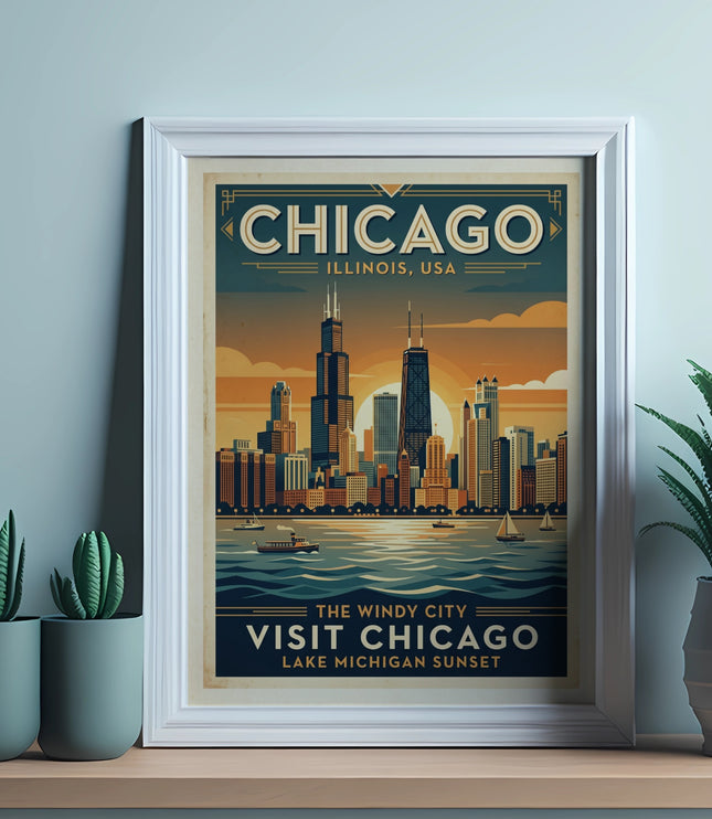 Chicago skyline in a framed poster with "Visit Chicago" and a sunset scene.