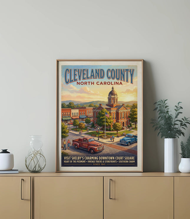Cleveland County North Carolina poster with court square, storefronts, and vintage trucks.
