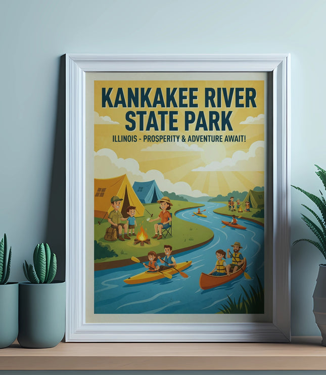 Kankakee River State Park Illinois poster featuring camping and kayaking families.