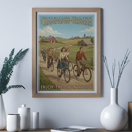 Champaign-Urbana countryside cycling vintage poster with text "Enjoy the Countryside".