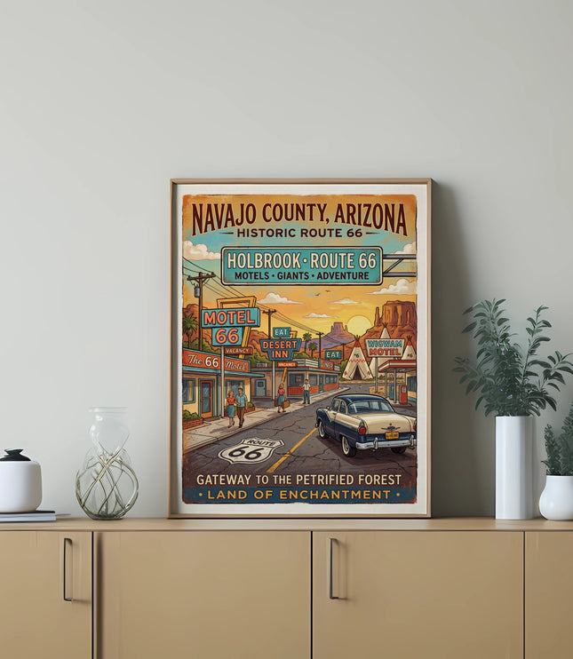 Navajo County, Arizona Holbrook Route 66 poster with vintage car and motels.