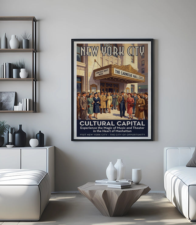 New York City Carnegie Hall poster featuring a crowd and text.
