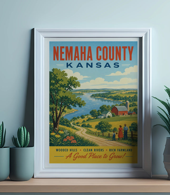Nemaha County Kansas poster with text: "Wooded Hills, Clean Rivers, Rich Farmland."