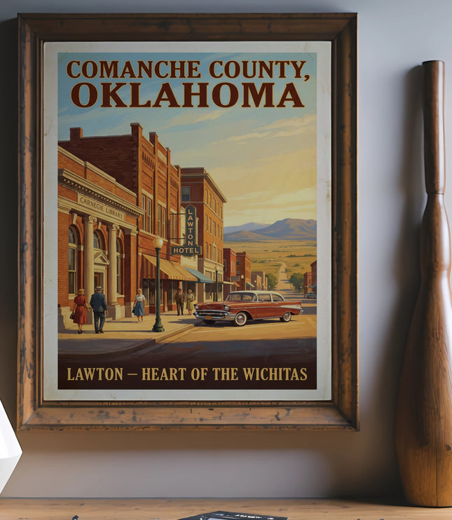 Comanche County, Oklahoma vintage poster depicting Lawton's Carnegie Library and street scene.