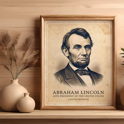 Framed portrait of Abraham Lincoln, 16th President, on wooden shelf with vases.