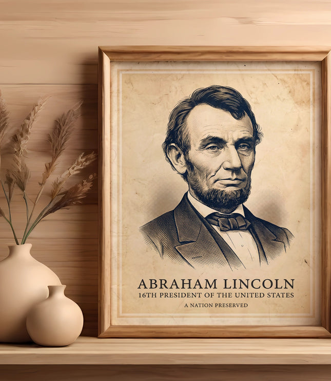 Framed portrait of Abraham Lincoln, 16th President, on wooden shelf with vases.