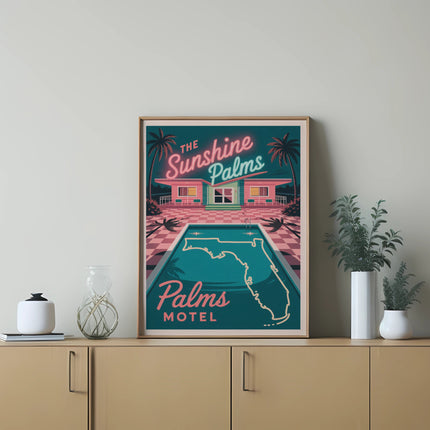 Retro motel sign with "The Sunshine Palms" text, featuring a pool and palm trees.