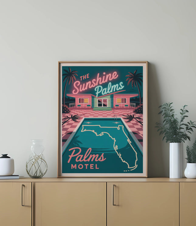 Retro motel sign with "The Sunshine Palms" text, featuring a pool and palm trees.