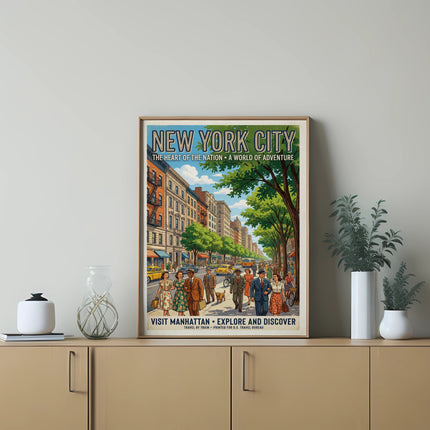 New York City vintage travel poster showing people on a city street.